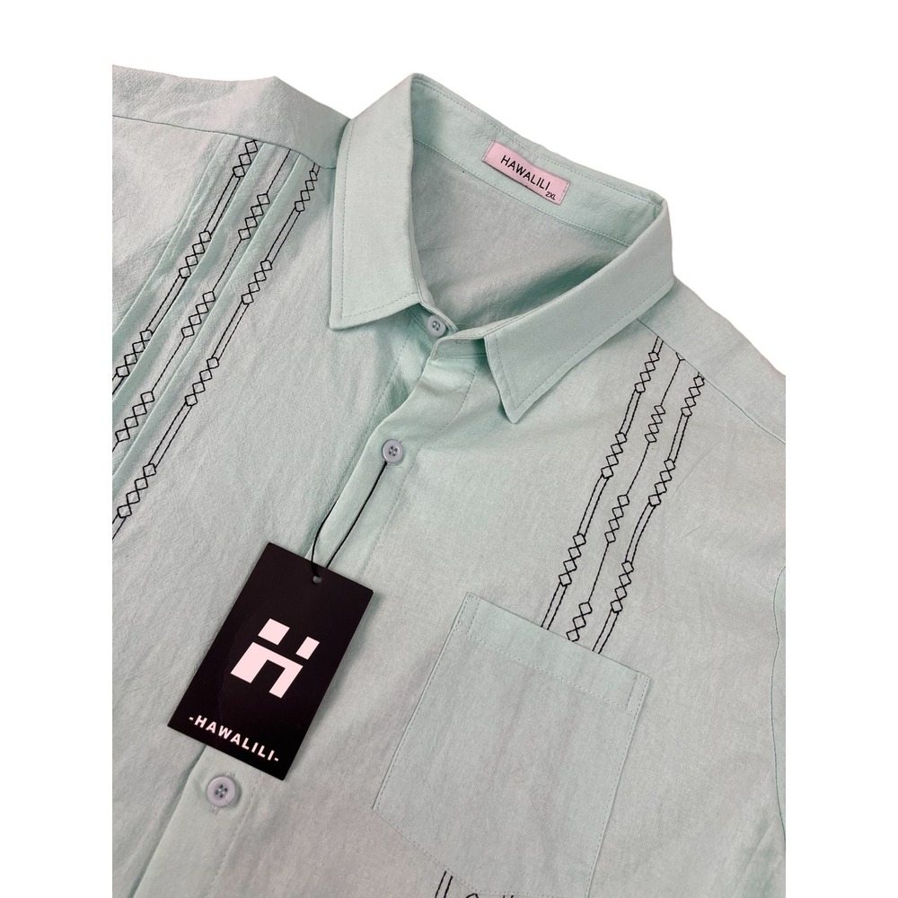 Hawalili Mens 2XL Mint Green Embroidered Guayabera Short Sleeve Cotton Shirt NEW
